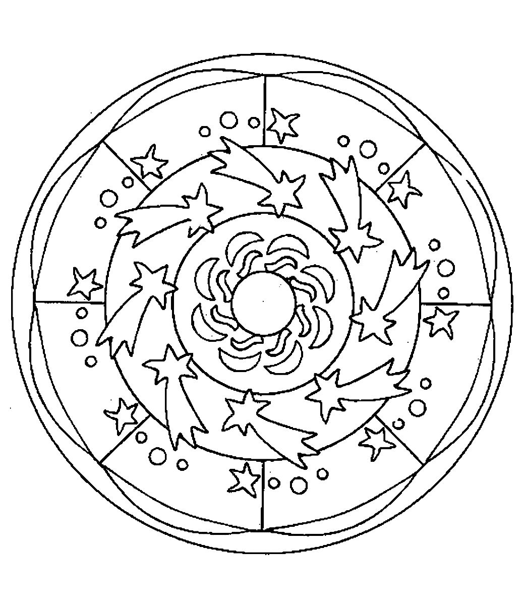 Coloriage mandala style 'espace' avec de très belles étoiles reparties dans le cercle. Facile à colorier.